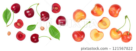 red sweet cherry isolated on white background . Top view. Flat lay red sweet cherry isolated on white background . Top view. Flat lay 121567822