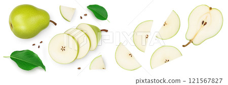 Green pear fruit with slices isolated on white background. Top view. Flat lay 121567827
