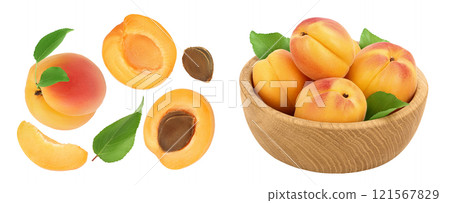 apricot fruit with half and slices in wooden bowl isolated on white background. . Top view with copy space for your text. Flat lay apricot fruit with half and slices in wooden bowl isolated on white background. . Top view with copy space for your text. Flat lay 121567829
