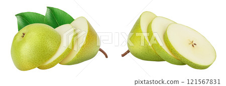 Green pear fruit slices isolated on white background with full depth of field 121567831