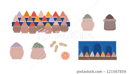 Eastern asian arabic spice market. Oriental bazaar elements vector illustration. Simple arabian shop with dry herbs, spices, nuts, fruit. Eastern asian arabic spice market. Oriental bazaar elements vector illustration. Simple arabian shop with dry herbs, spices, nuts, fruit. 121567859