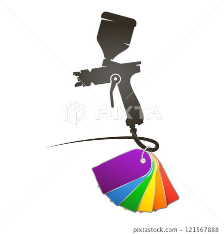 Spray gun silhouette and paint palette. Design for painting and painter Spray gun silhouette and paint palette. Design for painting and painter 121567888