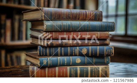 Vintage books stacked on a wooden table near a window in a quiet library. Generative AI 121567986