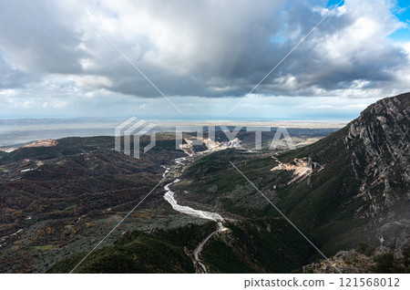 Kruja Mountains rough nature landscape with dark clouds near Kruje, Durres, Albania 121568012