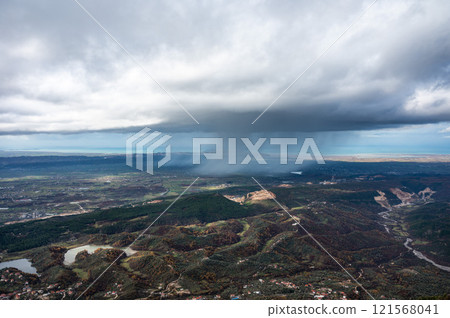 Kruja Mountains rough nature landscape with dark clouds near Kruje, Durres, Albania 121568041