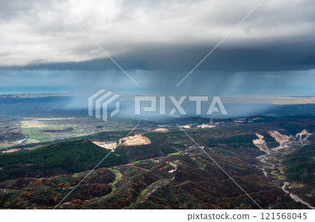 Kruja Mountains rough nature landscape with dark clouds near Kruje, Durres, Albania 121568045