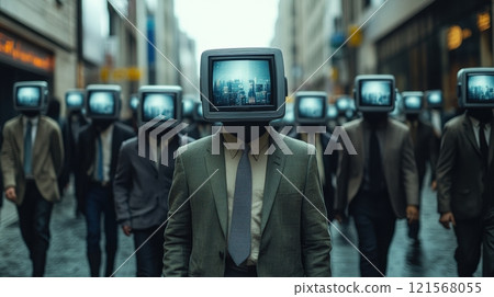 People in suits with television head screens walking through urban street. Generative AI People in suits with television head screens walking through urban street. Generative AI 121568055