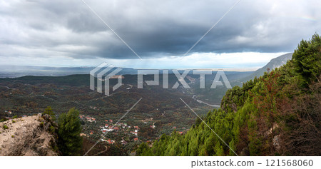 Kruja Mountains rough nature landscape with dark clouds near Kruje, Durres, Albania 121568060