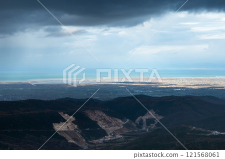 Kruja Mountains rough nature landscape with dark clouds near Kruje, Durres, Albania 121568061