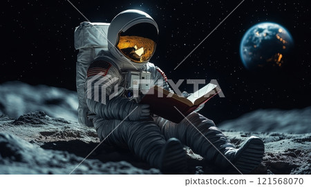 Astronaut reading a book while sitting on the moon's surface with Earth in view. Generative AI 121568070