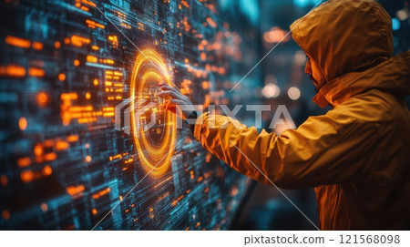 Person interacting with a digital display in an urban environment at night. Generative AI Person interacting with a digital display in an urban environment at night. Generative AI 121568098