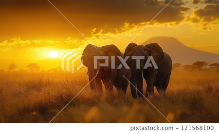 Elephants walking gracefully under a vibrant sunset in an African landscape. Generative AI Elephants walking gracefully under a vibrant sunset in an African landscape. Generative AI 121568100