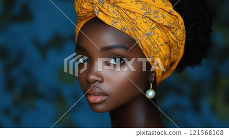 Elegant woman wearing a vibrant yellow headwrap with pearl earrings indoors. Generative AI 121568108