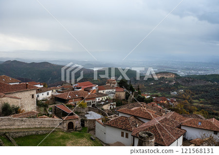 Rooftop panorama view over the historical village of Kruja, Albania 121568131