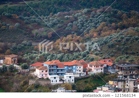 View over the green mountains and historical village of Kruja , Albania View over the green mountains and historical village of Kruja , Albania 121568134