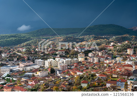 High angle panorama over the traditional village of Kruja, Albania 121568136