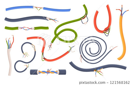 Damaged electric cables. Cartoon torn color cords, broken communication wires, flexible pieces, protruding copper energy wires isolated on white background voltage twisted nowaday vector set Damaged electric cables. Cartoon torn color cords, broken communication wires, flexible pieces, protruding copper energy wires isolated on white background voltage twisted nowaday vector set 121568162