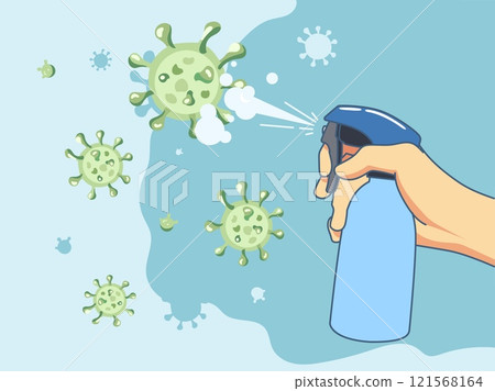 Human hand sprays antiseptic spray. Disinfection service, bottle of cleaning antibacterial agent, aerosol fight against bacteria, sanitizer poster cartoon flat isolated vector concept 121568164