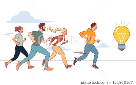 Men and women running after idea. Glowing electric light bulb, searching for solutions, competitive struggle, running race, business creative achieve cartoon flat isolated vector concept Men and women running after idea. Glowing electric light bulb, searching for solutions, competitive struggle, running race, business creative achieve cartoon flat isolated vector concept 121568167