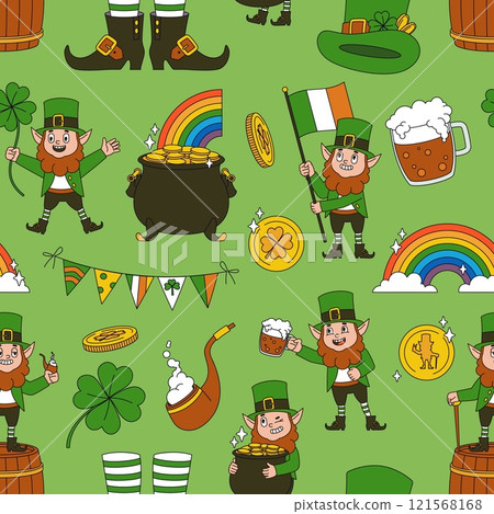 Saint patrick day seamless pattern. Irish beer festival elements, leprechauns drinking and having fun, clover, gold coins, textile, wrapping, wallpaper. Print for fabric tidy vector background Saint patrick day seamless pattern. Irish beer festival elements, leprechauns drinking and having fun, clover, gold coins, textile, wrapping, wallpaper. Print for fabric tidy vector background 121568168