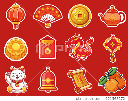 Chinese new year elements sticker collection isolated on the red background Chinese new year elements sticker collection isolated on the red background 121568272