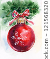 Christmas tree branch decorated with red ball. Watercolor illustration. 121568320