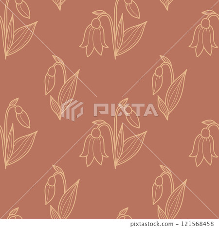 Seamless Floral Pattern on brown Background. Elegant snowdrop flowers on mocha mousse. Color year 2025. Vector illustration. Hand drawing Minimal Design for Textiles and Decor Seamless Floral Pattern on brown Background. Elegant snowdrop flowers on mocha mousse. Color year 2025. Vector illustration. Hand drawing Minimal Design for Textiles and Decor 121568458