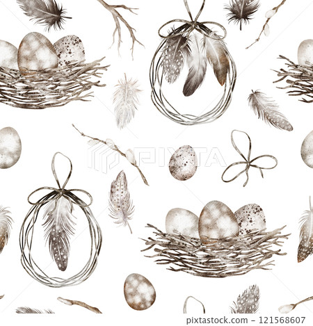 Easter eggs watercolor seamless Pattern. Illustration of festive ornament with dry elements, branches on isolated background for wrapping paper or textile design. Rustic drawing for holiday wallpaper. Easter eggs watercolor seamless Pattern. Illustration of festive ornament with dry elements, branches on isolated background for wrapping paper or textile design. Rustic drawing for holiday wallpaper. 121568607