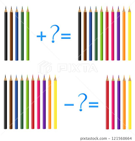 Action relationship of addition and subtraction, examples with pencils. Educational games for children. Action relationship of addition and subtraction, examples with pencils. Educational games for children. 121568664