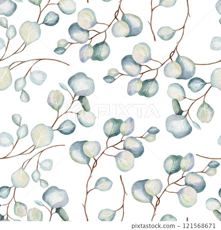 Hand-drawn watercolor seamless pattern of elegant eucalyptus branches with lush, aromatic leaves. Perfect for prints, minimalist home decor, wallpapers, wrap paper packages, clothes, backgrounds. Hand-drawn watercolor seamless pattern of elegant eucalyptus branches with lush, aromatic leaves. Perfect for prints, minimalist home decor, wallpapers, wrap paper packages, clothes, backgrounds. 121568671