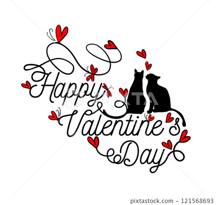 Happy Valentine's Day text with cats. hand drawing. Not AI, Vector illustration 121568693