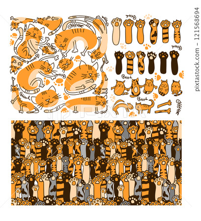 Cute Cat Paw Element Set. Seamless cat paw background. Set of cute cats. hand drawing. Not AI, Vector illustration 121568694