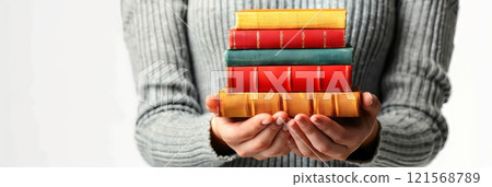Woman holding a stack of books in her hands. Vintage books in female palms. Concept of education, reading, knowledge, and library collection. White background. 121568789