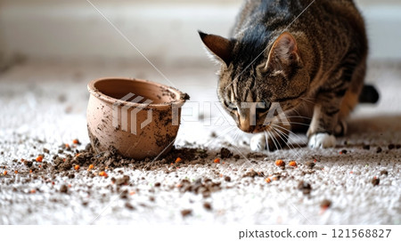 Curious cat next to overturned plant pot on white carpet, surrounded by scattered earth. Concept of mischievous pet, domestic animals, home mess, indoor activities, funny kitten. 121568827