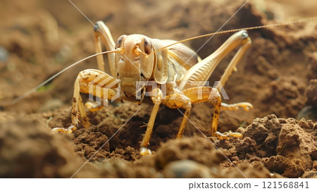 Gryllotalpa gryllotalpa in its habitat. A mole cricket's close-up in soil. Concept of ecosystem balance, soil fertility, and entomological study 121568841