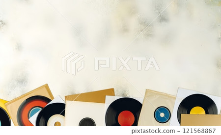 Collection of vintage vinyl records with artistic album covers. Classic LPs. Top view. Light textured background. Concept of retro music, vinyl revival, and collectible records. Banner. Copy space. 121568867