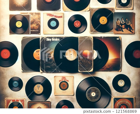 Collection of vintage vinyl records with artistic album covers. Classic LPs on display. Top view. Light background. Concept of retro music, vinyl revival, and collectible records 121568869