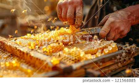 Beekeeper extracting honey from hive. Close-up of hands collecting honeycomb. Concept of raw honey harvest, sustainable apiculture, and natural food production Beekeeper extracting honey from hive. Close-up of hands collecting honeycomb. Concept of raw honey harvest, sustainable apiculture, and natural food production 121568885