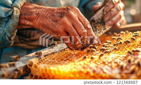 Hands of a beekeeper harvesting golden honey. Detailed view of honeycomb extraction. Concept of natural beekeeping, honey harvest, and apiculture industry 121568887