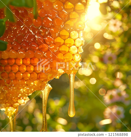 Sunlit honeycomb with dripping golden honey. Vibrant bokeh lush greenery backdrop. Concept of natural sweetener, organic food, healthy eating, sweetness, and beekeeping products. Copy space. 121568898