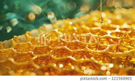 Close-up of a honeycomb drenched in golden honey, with a soft green bokeh backdrop. Concept of natural sweetness, healthy living, and artisanal beekeeping. Copy space. 121568903