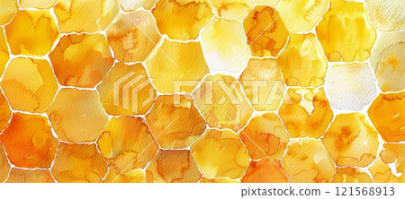 Watercolor illustration of Golden Honeycomb with honey close up. Natural pattern. Texture. Concept of apiculture, natural design, beekeeping, bee craft. Abstract backdrop. Copy space. Banner. 121568913