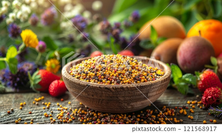 Vibrant bee pollen in clay bowl, paired with fruits and blooms. Bee-collected pollen as dietary supplement. Concept of holistic wellness, nutritional boost, allergy relief, beekeeping, natural remedy. Vibrant bee pollen in clay bowl, paired with fruits and blooms. Bee-collected pollen as dietary supplement. Concept of holistic wellness, nutritional boost, allergy relief, beekeeping, natural remedy. 121568917