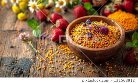 Assortment of bee pollen grains in natural setting with fruits and florals. Superfood presented in earthenware. Concept of healthy living, plant-based nutrients, immunity support, bioproducts. 121568918