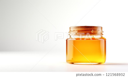 Honey in a transparent glass jar isolated on white background. Concept of simplicity, natural sweeteners, healthy eating, and bee products. Banner. Copy space. 121568932