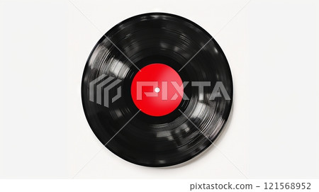 Digital illustration of classic vintage vinyl record isolated on a white background. Black LP with a minimalist look. Concept of retro music, analog sound, design purity and elegant simplicity 121568952