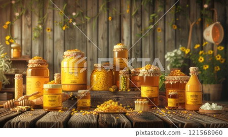 Assorted honey products in branded packaging on a wooden table. Variety of honey jars, beeswax, and pollen against a floral backdrop. Concept of natural beekeeping, sweet organic produce, health food. Assorted honey products in branded packaging on a wooden table. Variety of honey jars, beeswax, and pollen against a floral backdrop. Concept of natural beekeeping, sweet organic produce, health food. 121568960