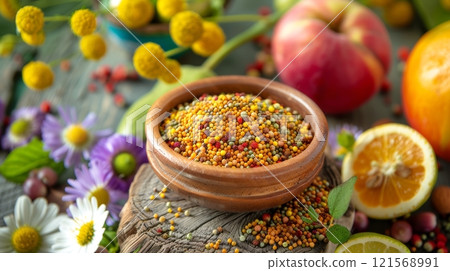 Bowl of colorful bee pollen grains on a wooden table. Nutritious pollen surrounded by natural flowers and fruit. Concept of superfood, natural supplements, health products, beekeeping, and apitherapy. 121568991