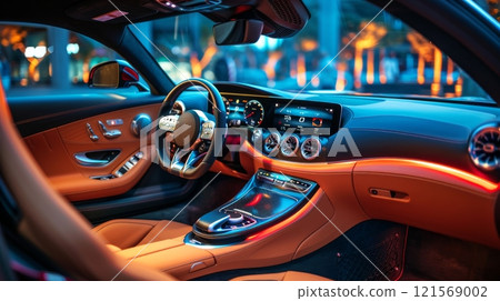 Modern car dashboard and leather seats in luxury vehicle. Automotive interior design. Concept of comfort, luxury transport, sophisticated car interiors 121569002