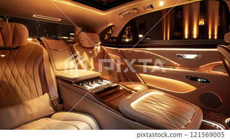 The sleek design and ambient lighting of a modern luxury car's interior, with sumptuous leather seats and advanced dashboard. Fusion of convenience and technology 121569005